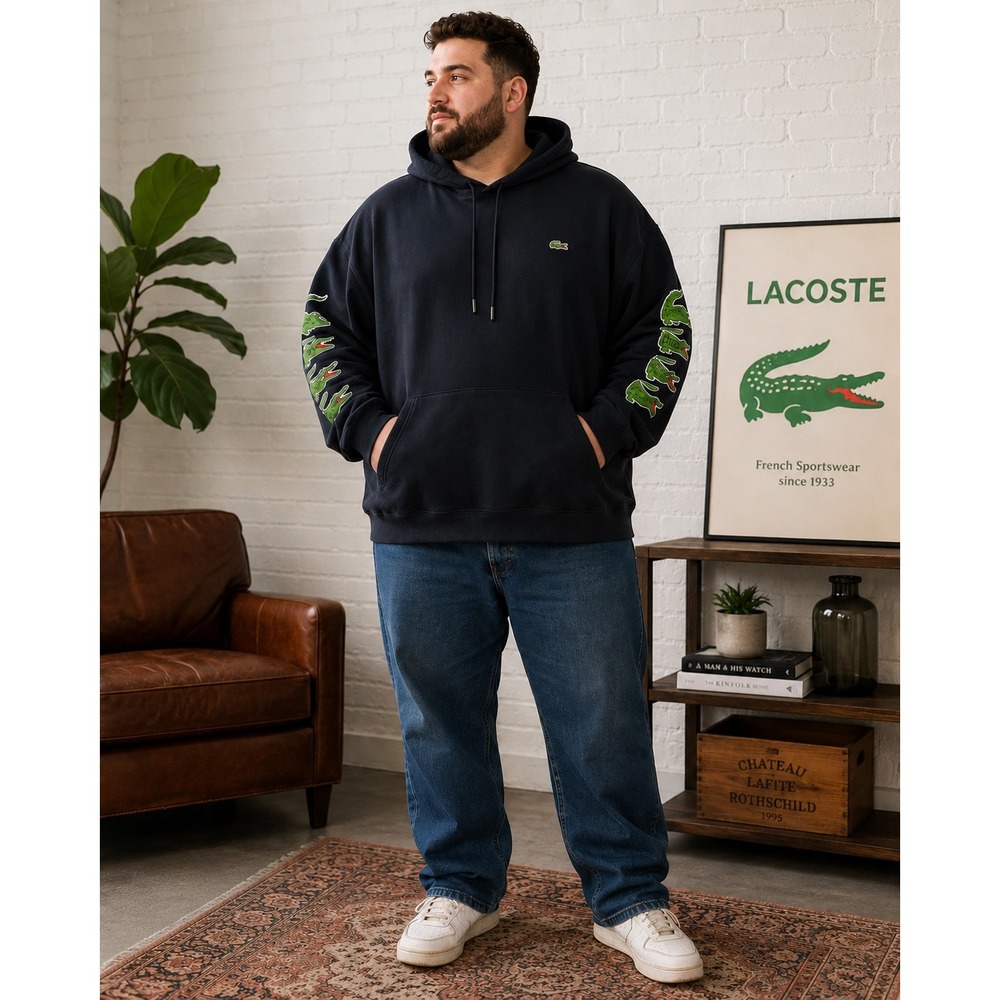 Lacoste Hoodie 2XLB Navy Croc Sleeve‎ Graphic Pullover Oversized Streetwear Y2K
